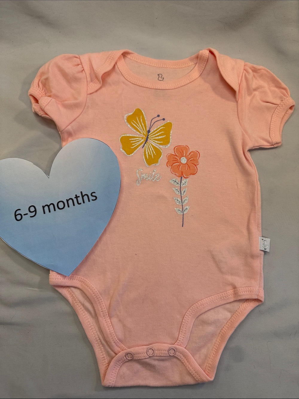 Peach Butterfly & Flower Baby Bodysuit - 6-9 Months